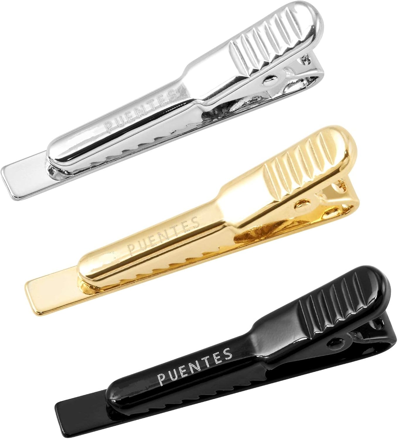 Puentes Denver Set de Pisacorbatas Tri-Color 3.8 cm Liso Brillante Estilo Pinza en Caja de Regalo