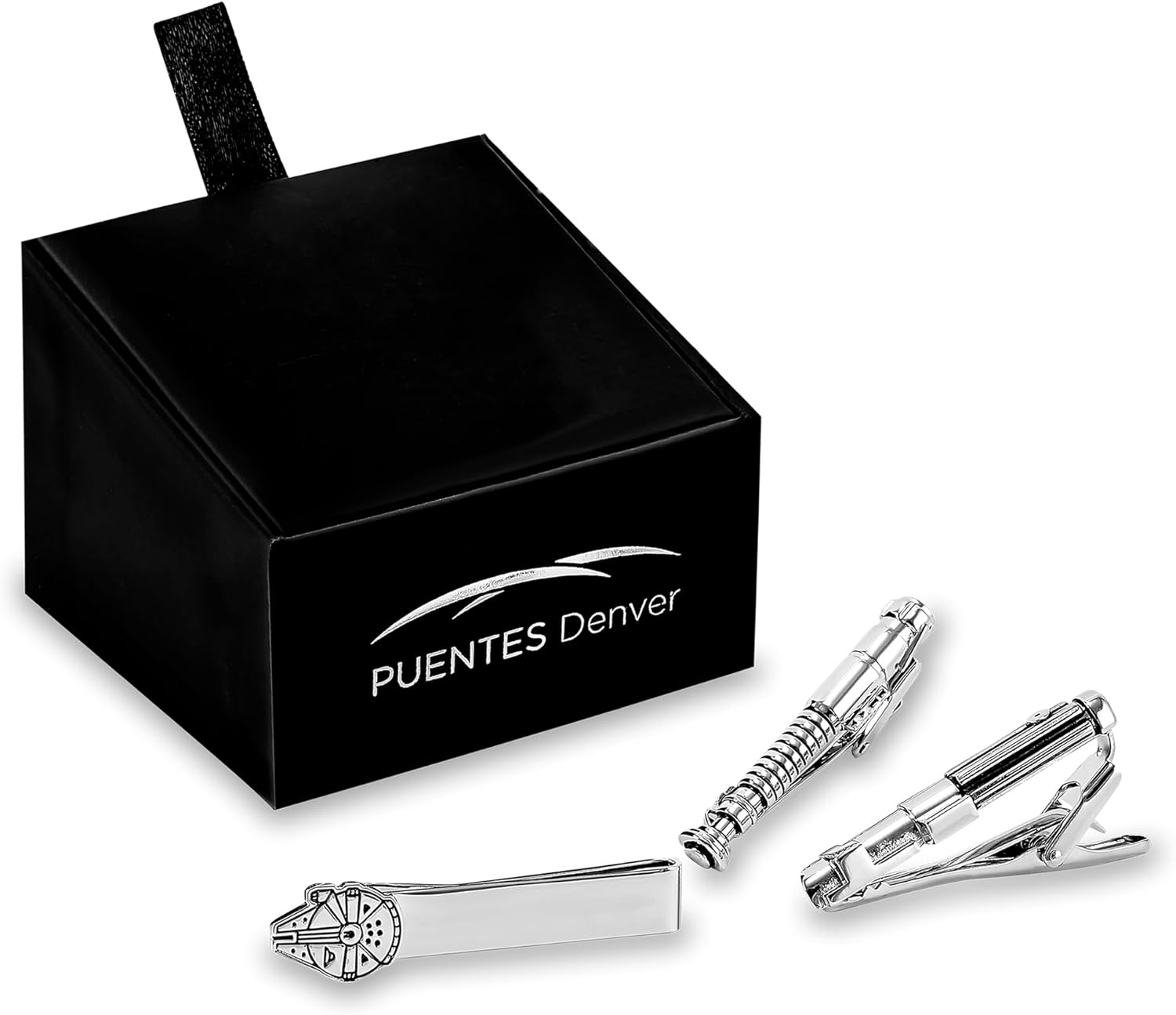 Juego de 3 Pisacorbatas tematica Starwars Obiwan, Anakin, Halcón en Caja de regalo Marca Puentes Denver