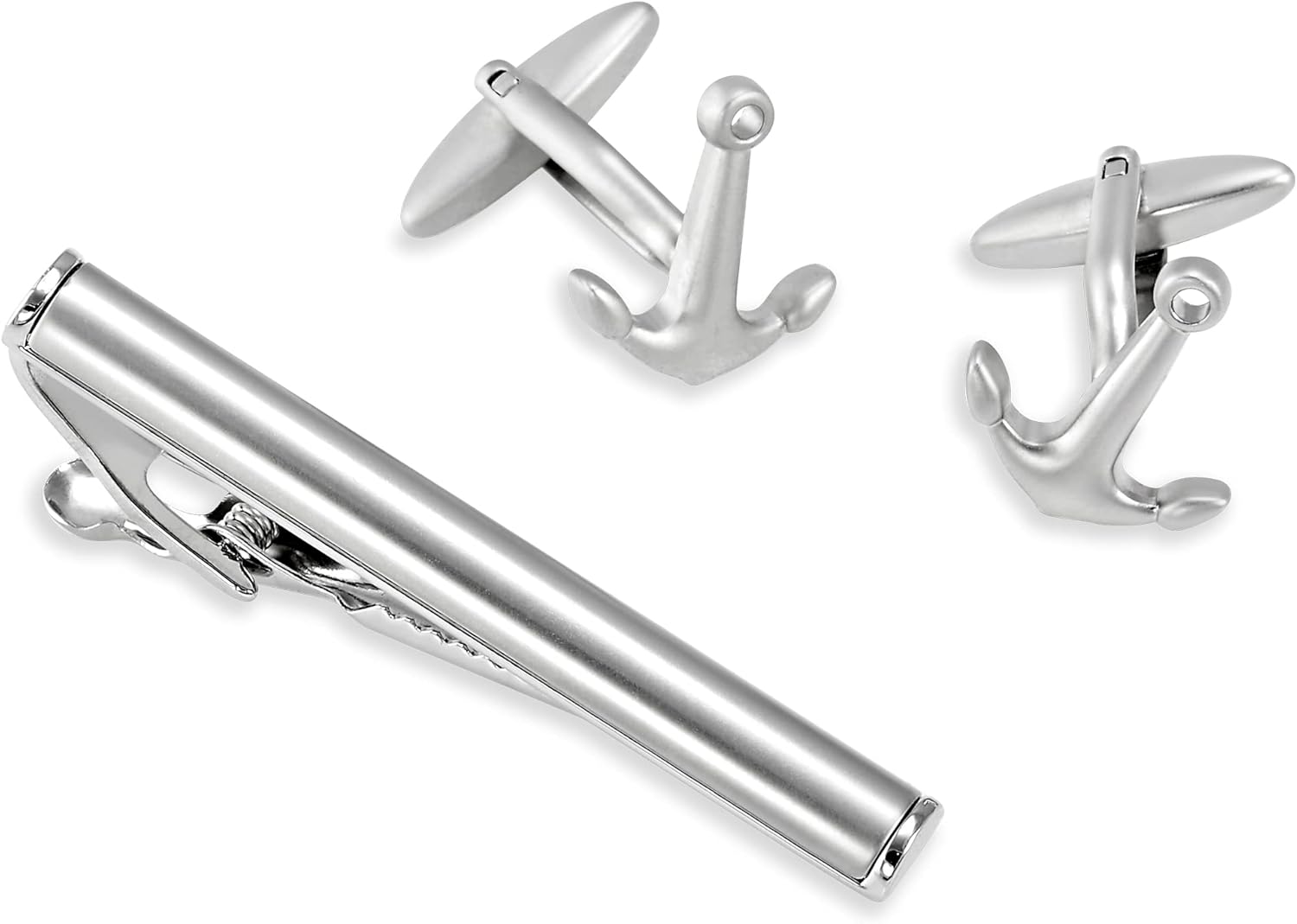 Pisacorbatas Estilo Acero Inoxidable 5.7cm y Mancuernillas de Ancla Marinero set de 3 piezas en caja de Regalo