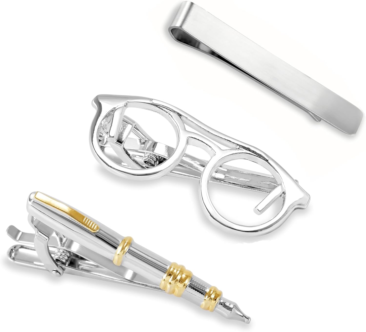 Set de 3-Pisacorbatas Ejecutivos de Lujo Hipster Pluma fuente, Anteojos, Liso en Caja de regalo Puentes Denver