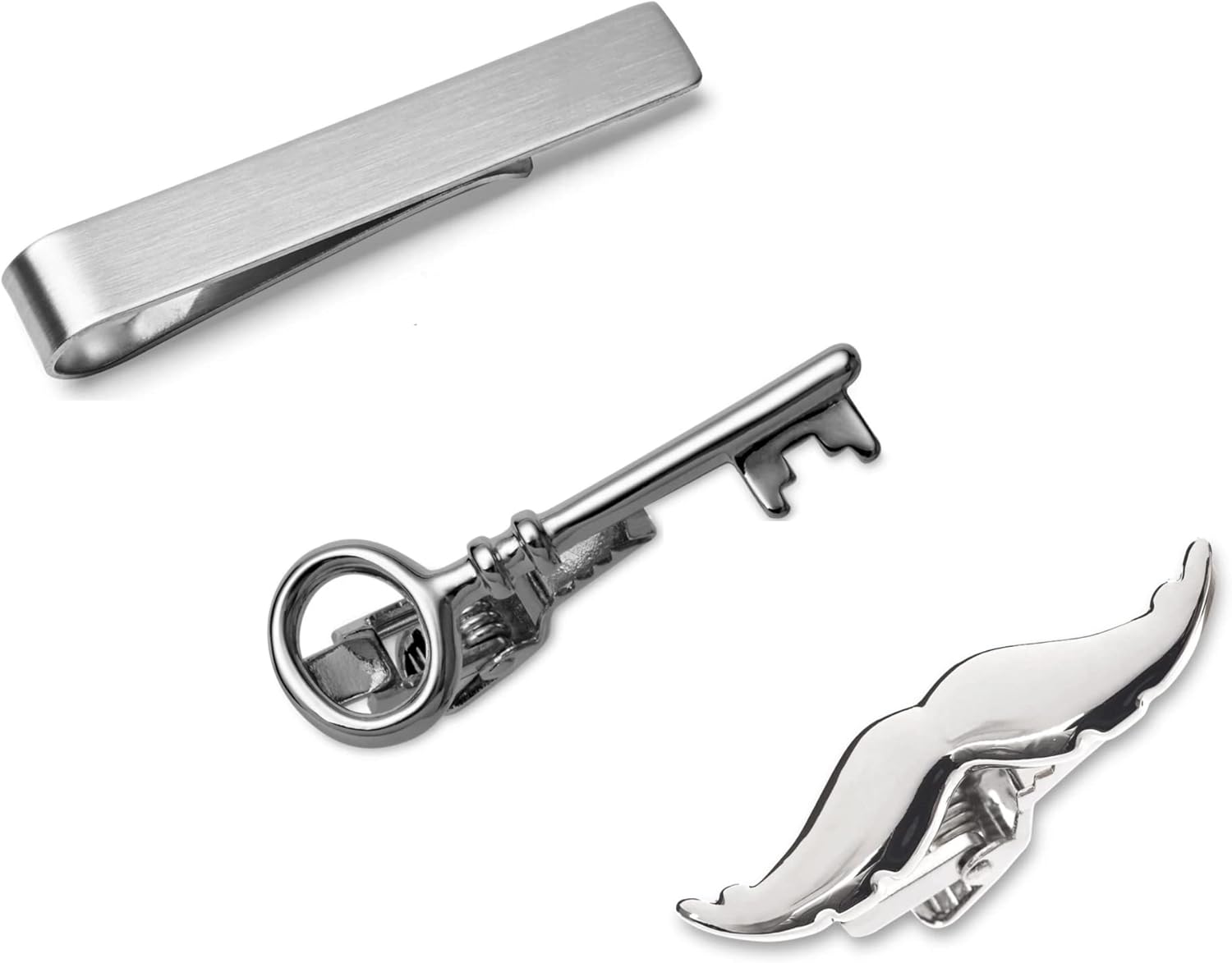 Juego de Pisacorbatas Hipster de 3 piezas, Bigote, Llave vintage y Barra lisa, Plateados de 4.5 cm Slim C/caja de regalo