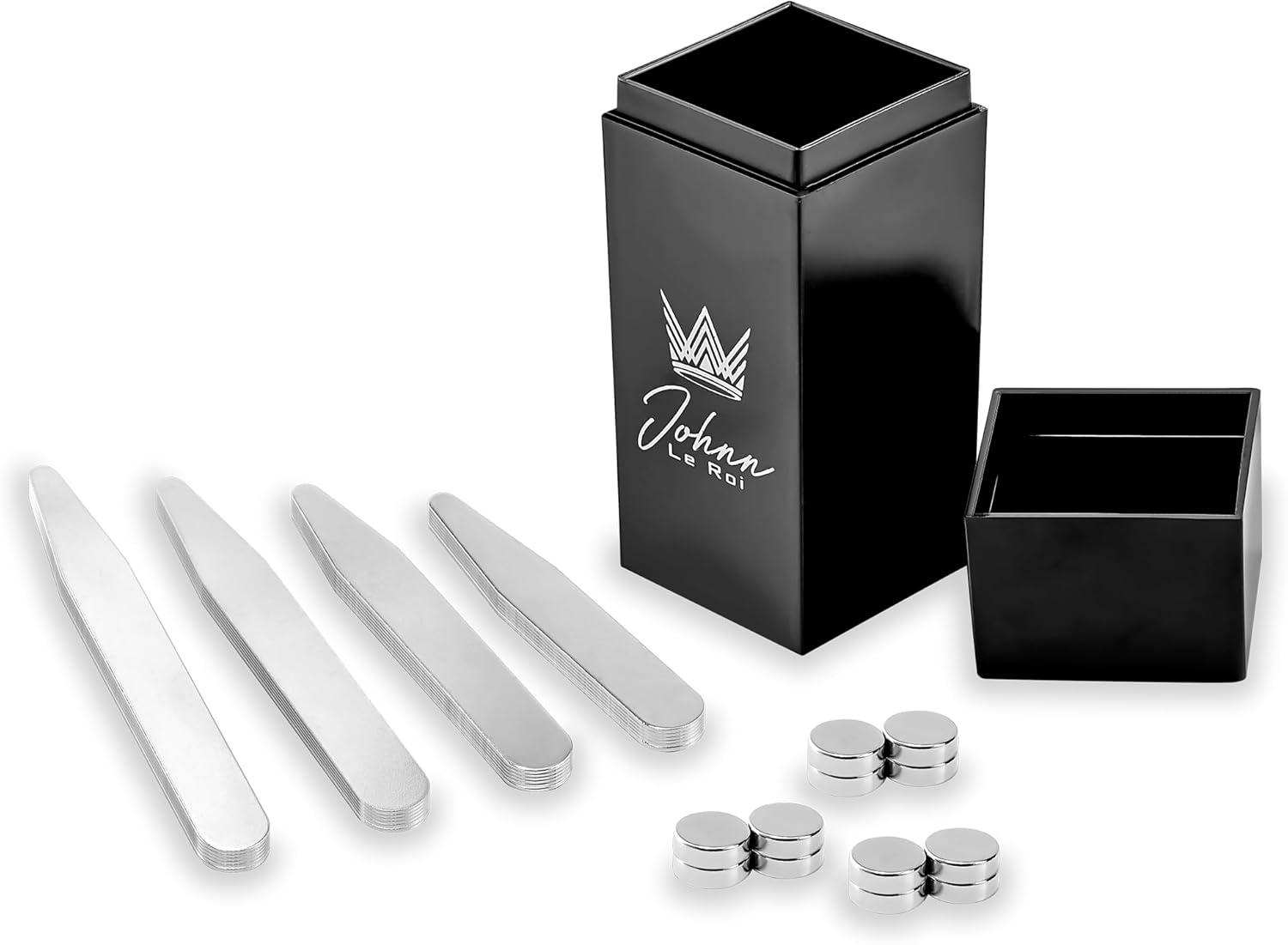 Johnn Le Roi Set de Varillas para Cuello de Camisa, 24 Piezas con Imanes, Acero Inoxidable, Estuche Negro