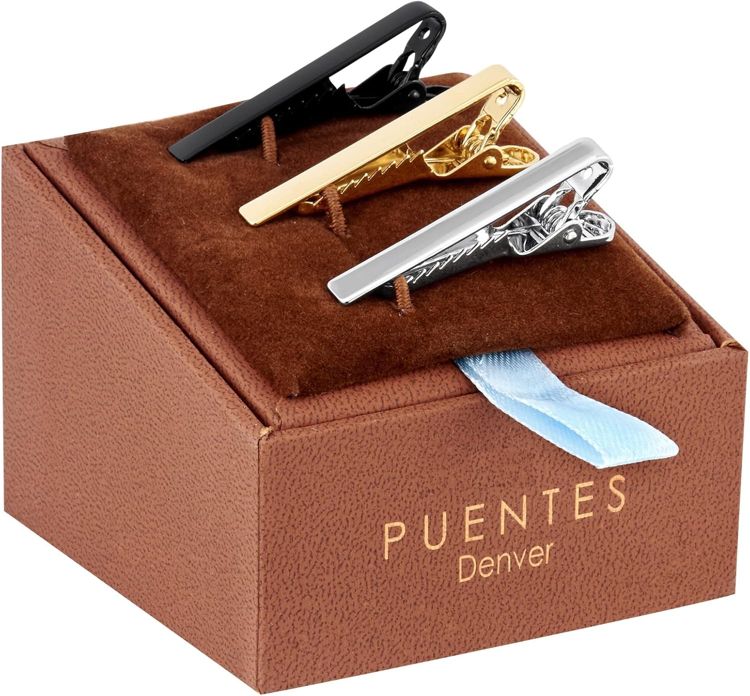 Puentes Denver Set de Pisacorbatas Tri-Color 3.8 cm Liso Brillante Estilo Pinza en Caja de Regalo