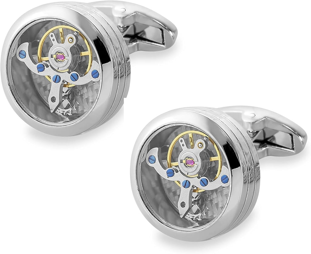 Mancuernillas Plateadas Modelo Tourbillon con Movimiento al Agitar Marca Puentes Denver