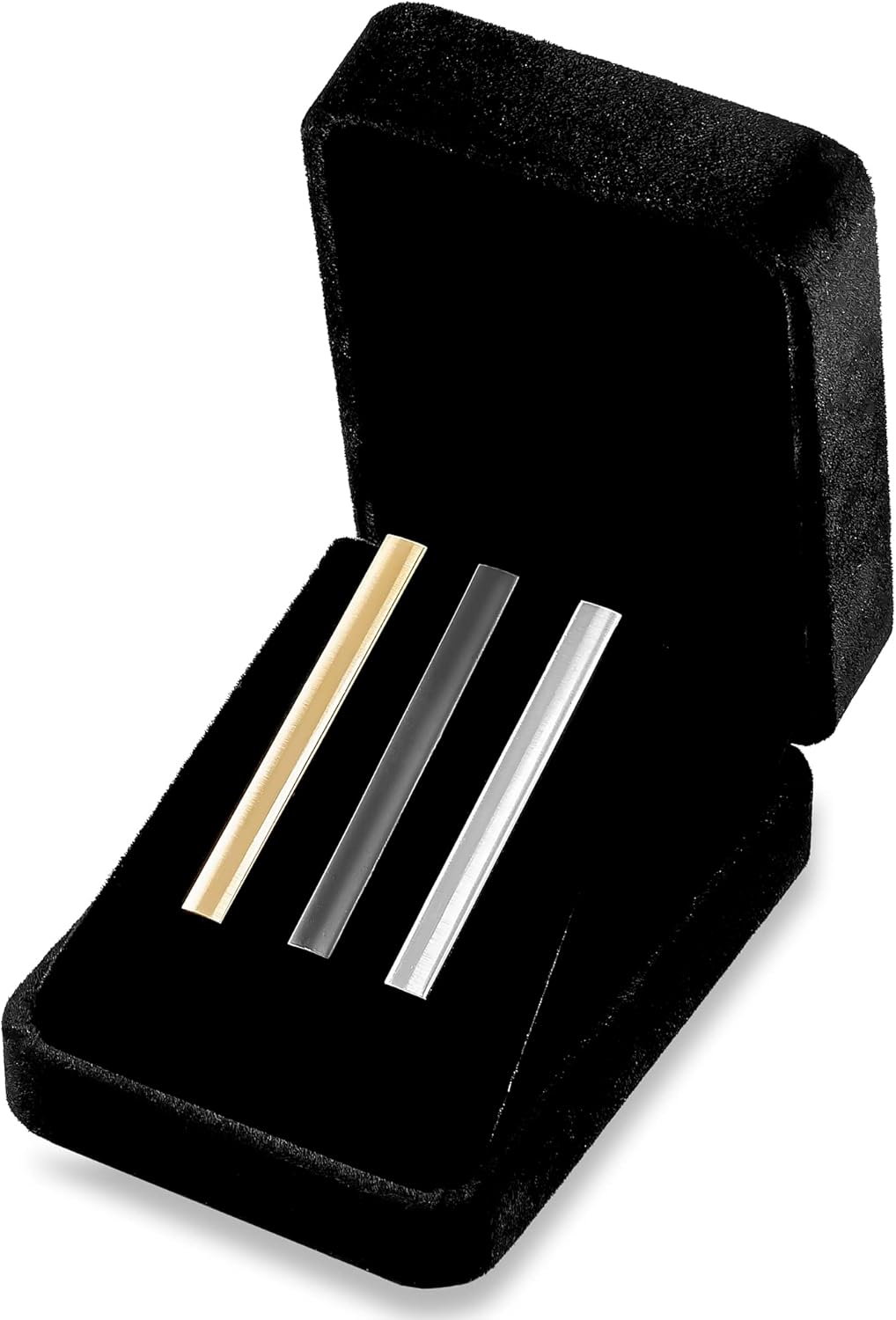 Set 3 Pisacorbatas 5.7cm Estilo Satinado Cepillado tri-color en Caja de Regalo