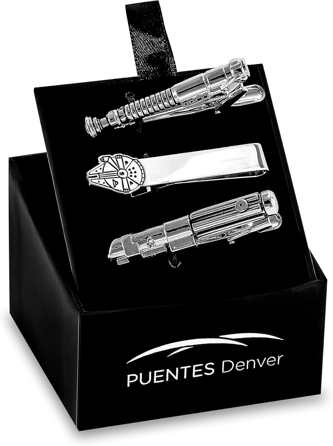 Juego de 3 Pisacorbatas tematica Starwars Obiwan, Anakin, Halcón en Caja de regalo Marca Puentes Denver