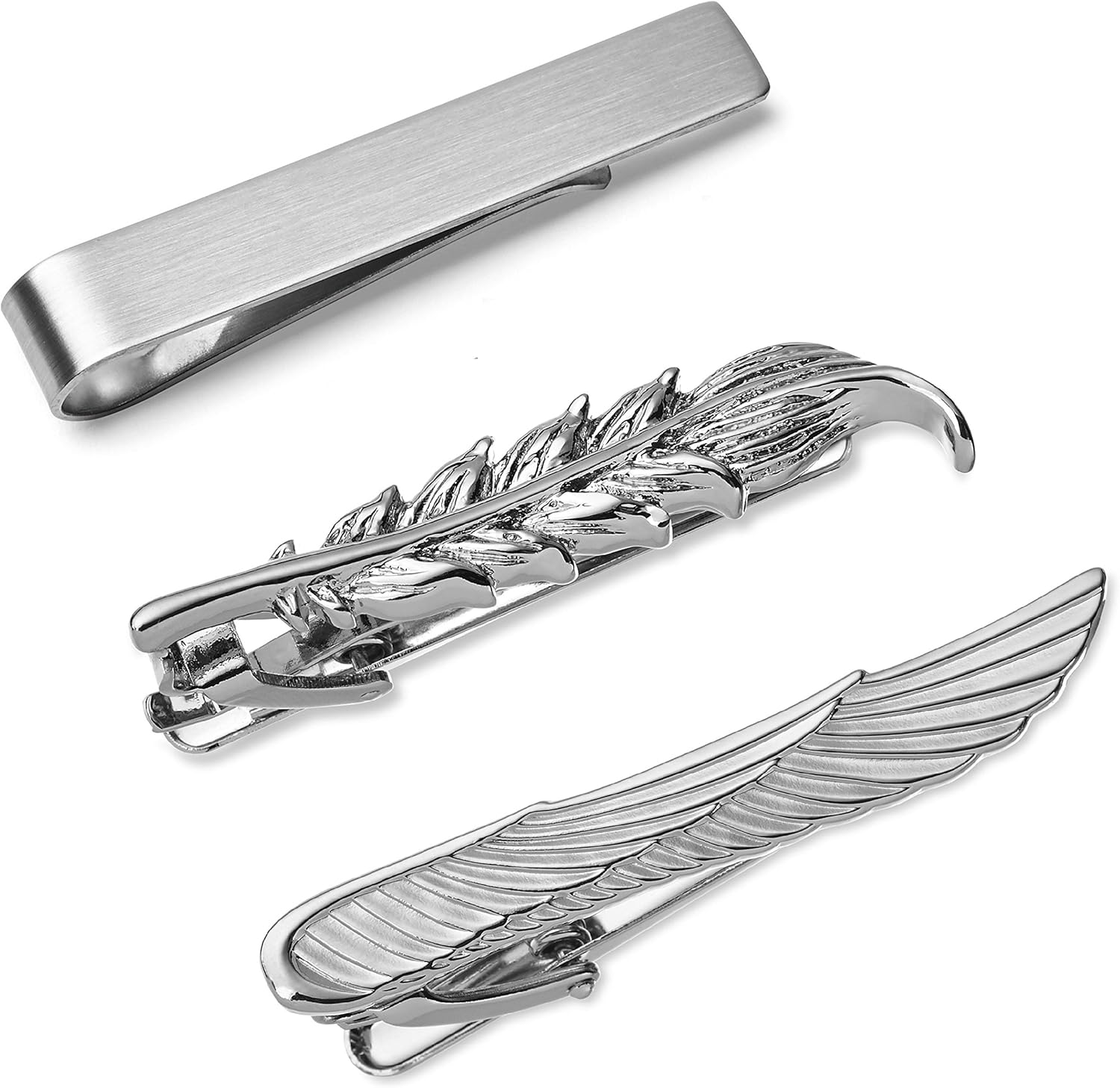 Puentes Denver Juego de Pisacorbatas Wind de 3 piezas, Alas, Pluma y Barra lisa, Plateado, 4.82 cms