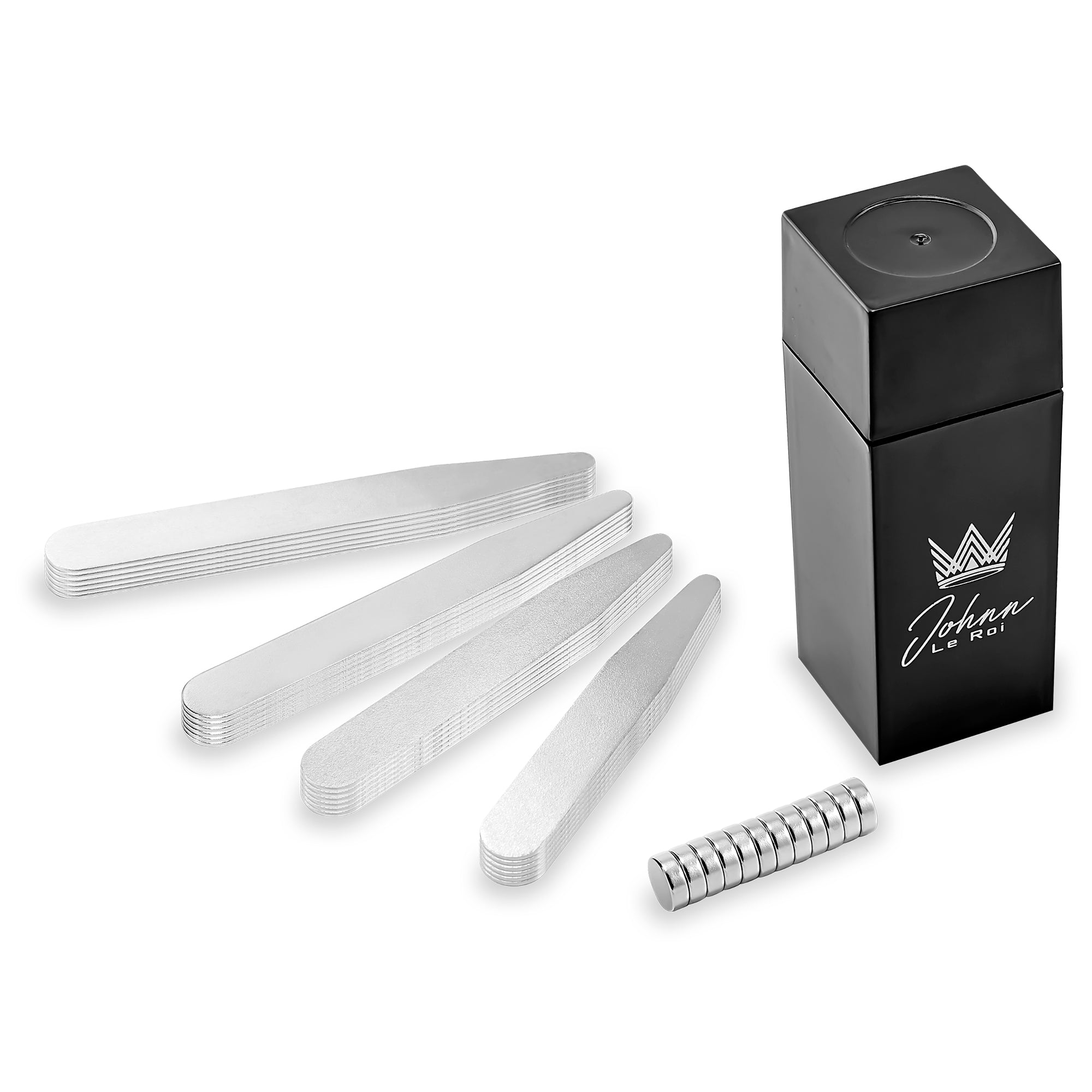 Johnn Le Roi Set de Varillas para Cuello de Camisa, 24 Piezas con Imanes, Acero Inoxidable, Estuche Negro