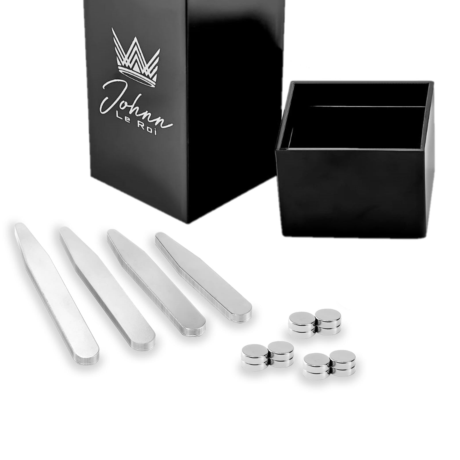 Johnn Le Roi Set de Varillas para Cuello de Camisa, 24 Piezas con Imanes, Acero Inoxidable, Estuche Negro